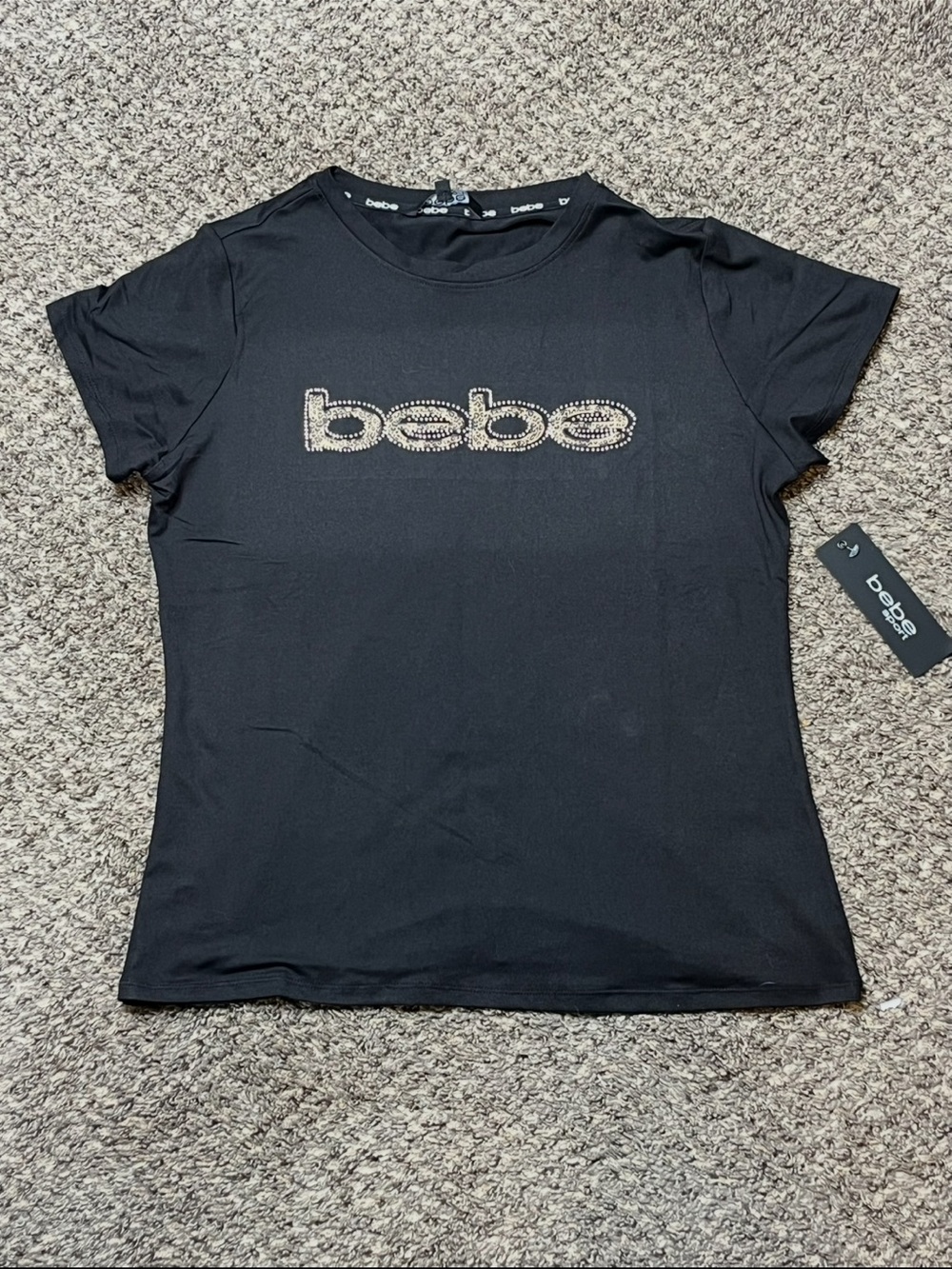 bebe Black Graphic Rhinestone Logo Crewneck Tee